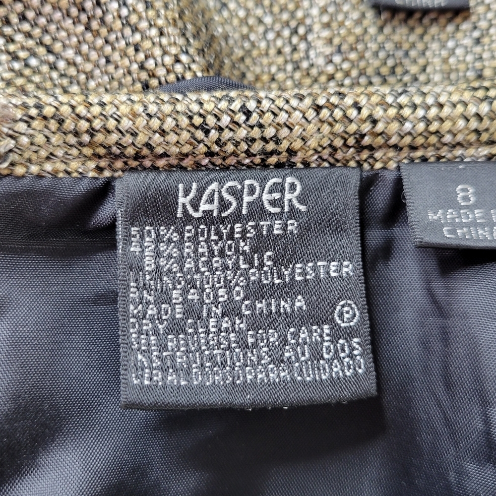 Kasper Tweed Skirt Suit 8 Black Tan Open Blazer 3/4 Sleeve Back Zip Kick Pleat - Picture 10 of 11